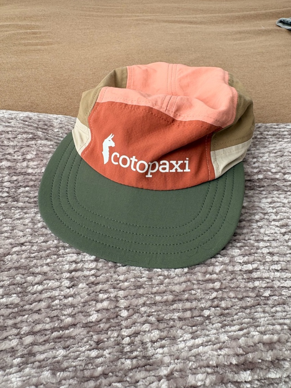 Cotopaxi Multicolor Five-Panel Cap — Olive Brim & Rust Panels